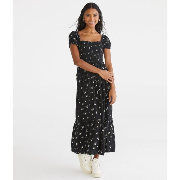 Aeropostale Black Floral Square-Neck Tiered Midi Dress Size XS - Picture 1 of 10